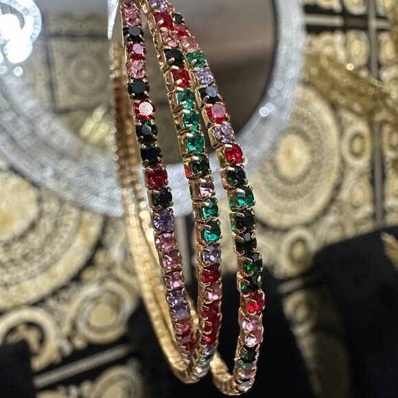 Gold Tone Rhinestone Bangle Bracelets Set Of 3 Multicolor - Picture 3 of 5